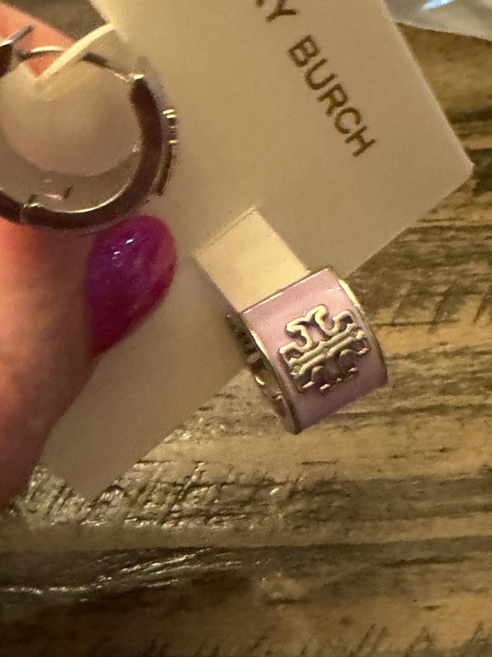 Tory Burch Lavender Enamel Logo Earrings - Picture 3 of 4